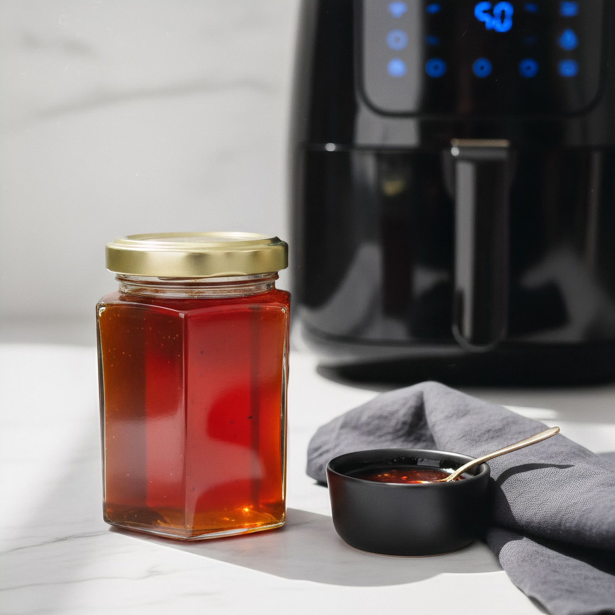 Jar of chilli honey sauce with an air fryer in the background on a white marble surface.