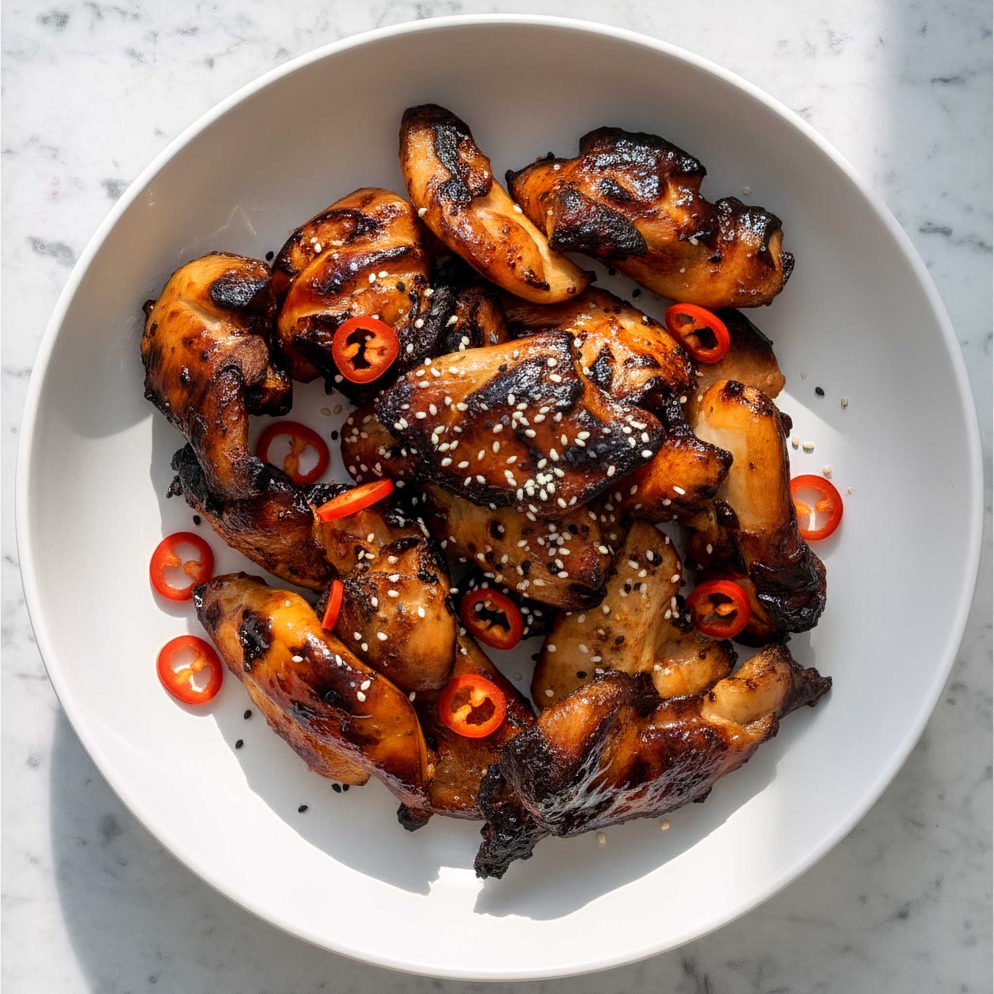 Close-up of chilli honey chicken thighs garnished with sesame seeds and chopped red chilli in a white bowl on a marble surface.