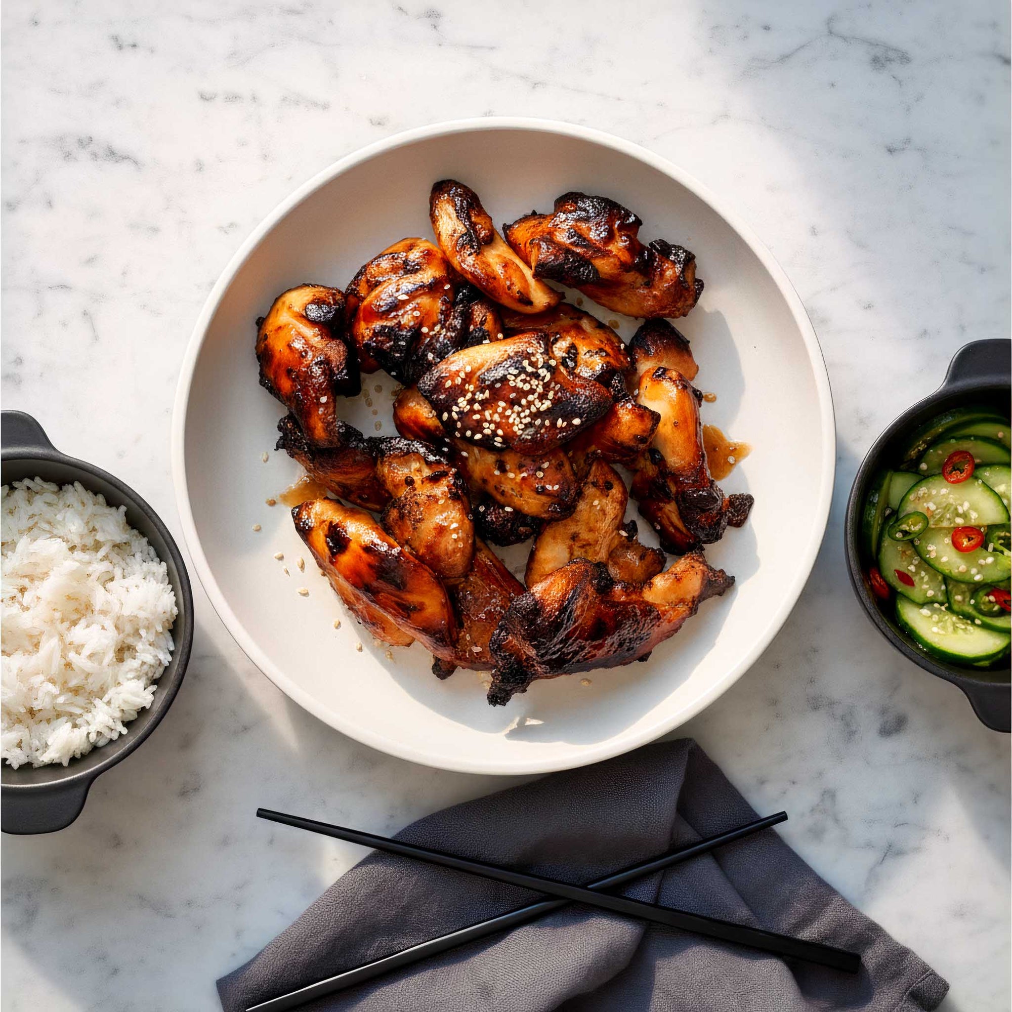 Plate of Airheads grilled chilli honey chicken thigh slices with rice and a cucumber salad on a marble surface.