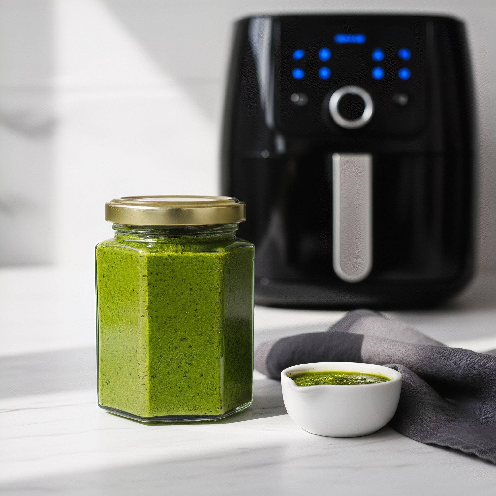 Jar of green chimichurri sauce with a small dropping on a marble countertop next to an air fryer and grey folded napkin.