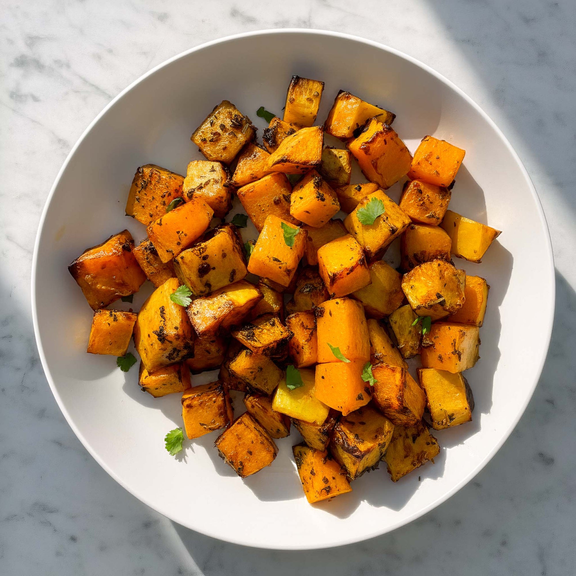 Close-up of white bowl filled with roasted garlic herb root vegetables on a marble surface.