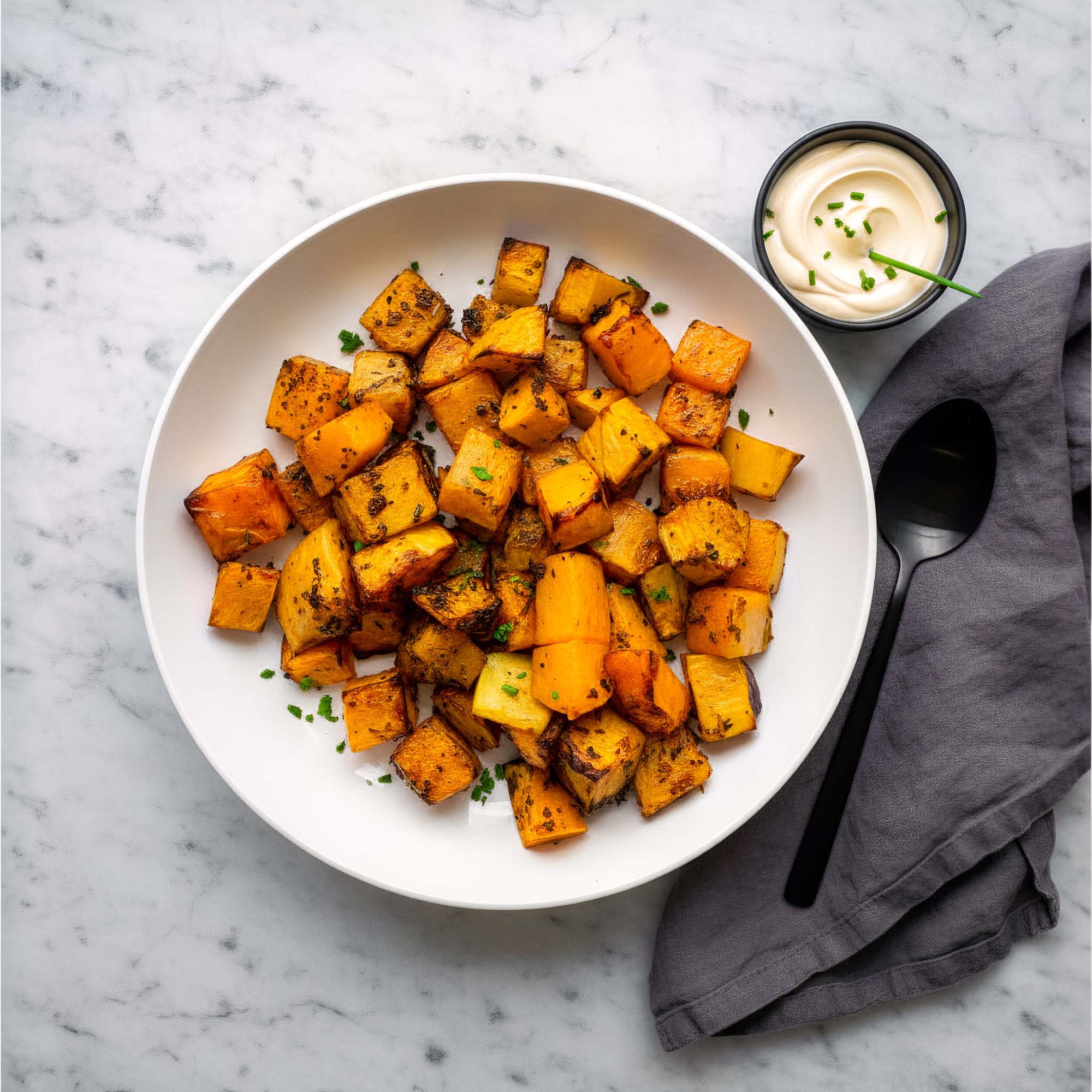 White bowl of Airheads garlic herb root vegetables, a small bowl of garlic mayonnaise, and a black spoon on a marble surface.