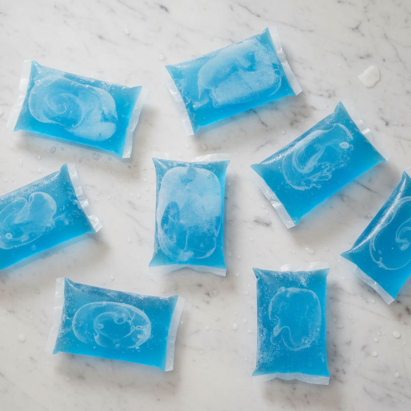 gel ice packs, shot from above, on a marble surface
