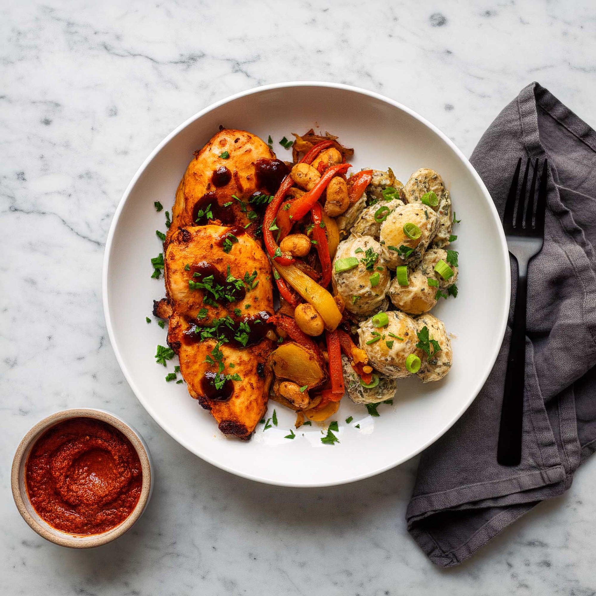 White plate of harissa marinated chicken breasts, Tex-Mex fajita sliced peppers and onions, and dijon potato salad on a marble surface with a pot of dipping sauce.