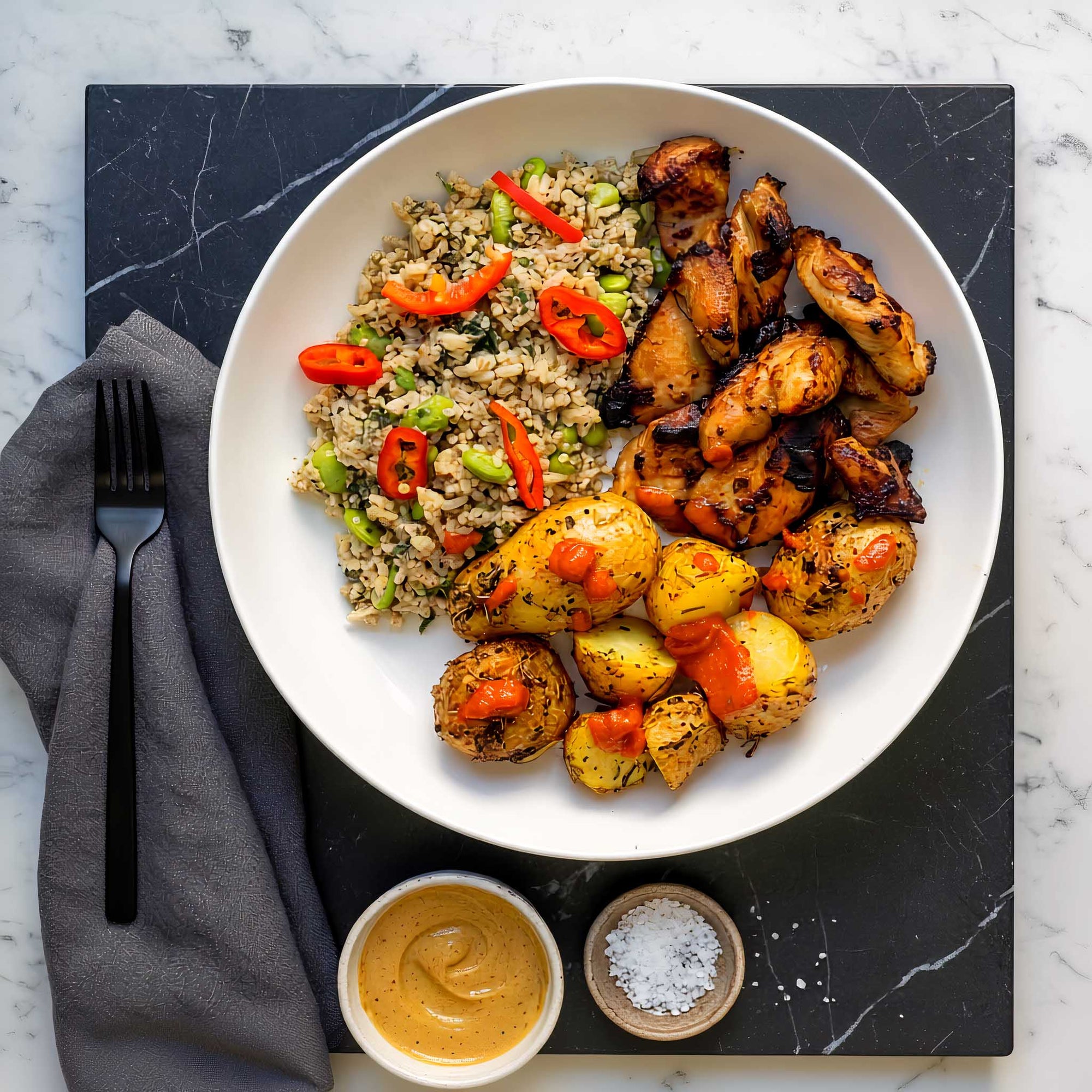 Honey mustard chicken thighs with lemon roast potatoes and green grain salad served in a white bowl on a black tray on a marble surface.