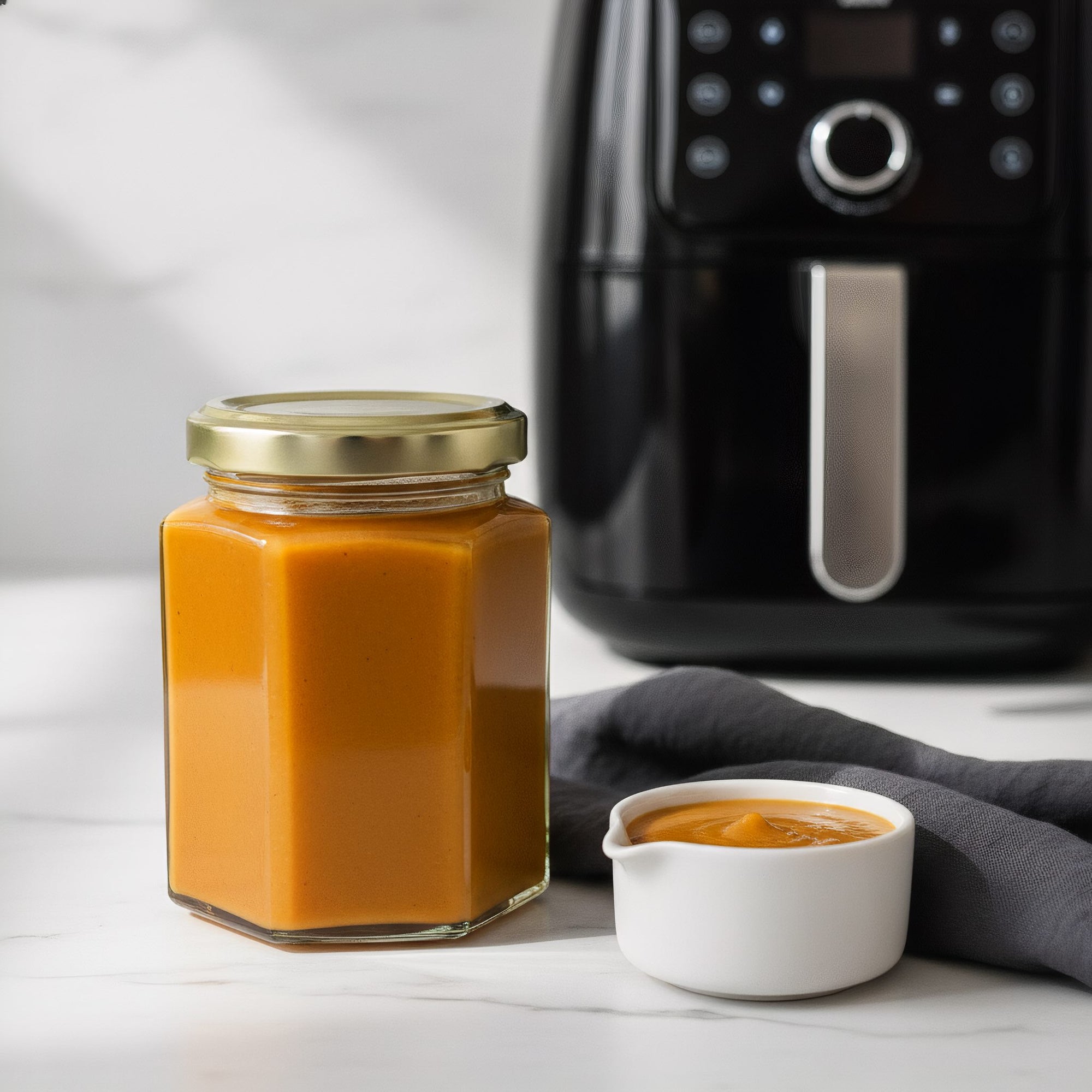 Jar of honey mustard sauce with a small white dipping pot on a kitchen counter with an air fryer in the background and black folded napkin.