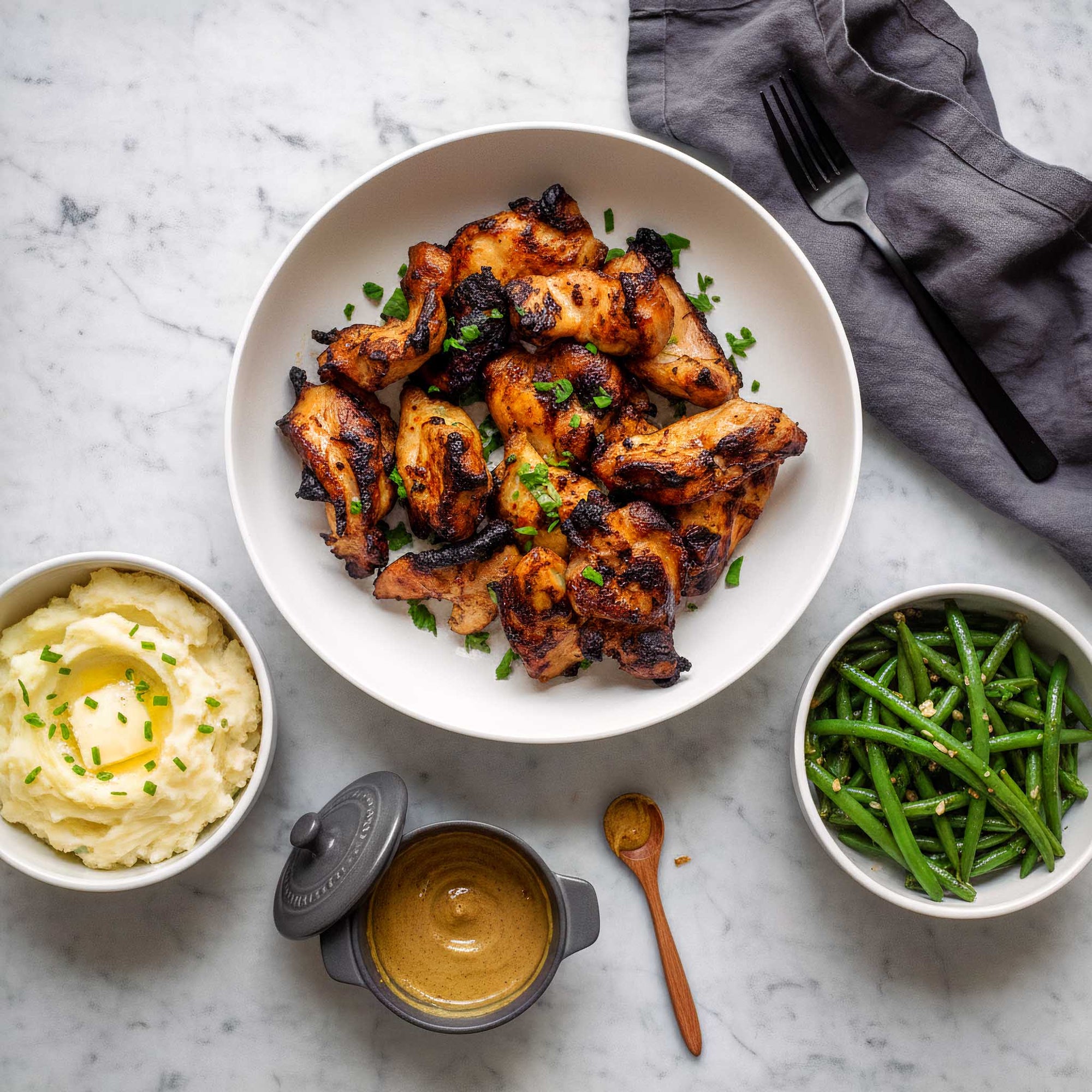 White plate of honey mustard marinated air fried chicken thigh slices on a marble surface, next to a pot of honey mustard sauce, mashed potato and green beans.