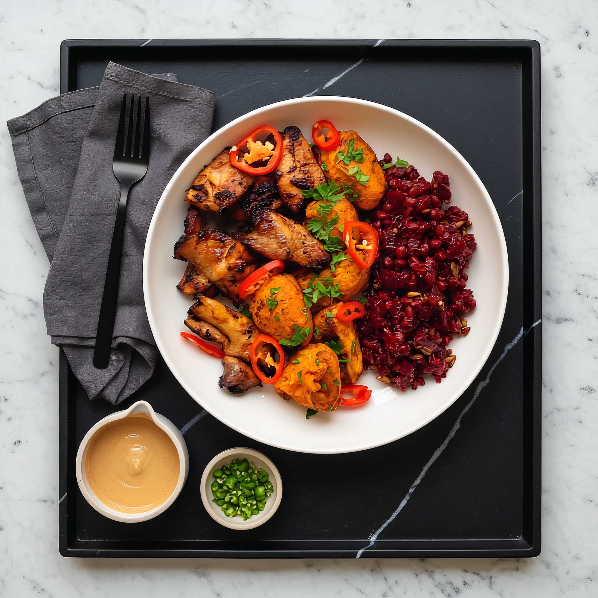 Plated dish of honey sesame chicken thighs with roasted hot shake seasoned sweet potato and a beetroot lentil salad, on a marble surface on a black tray.
