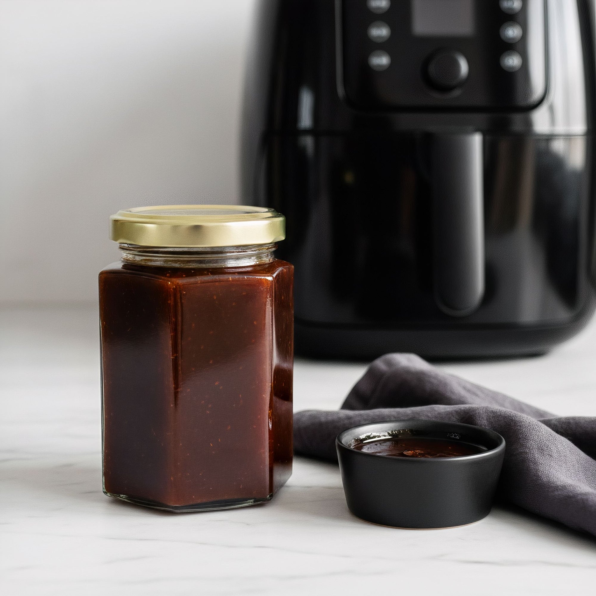 Jar of honey sesame sauce with a small dish and air fryer in the background on a marble countertop.