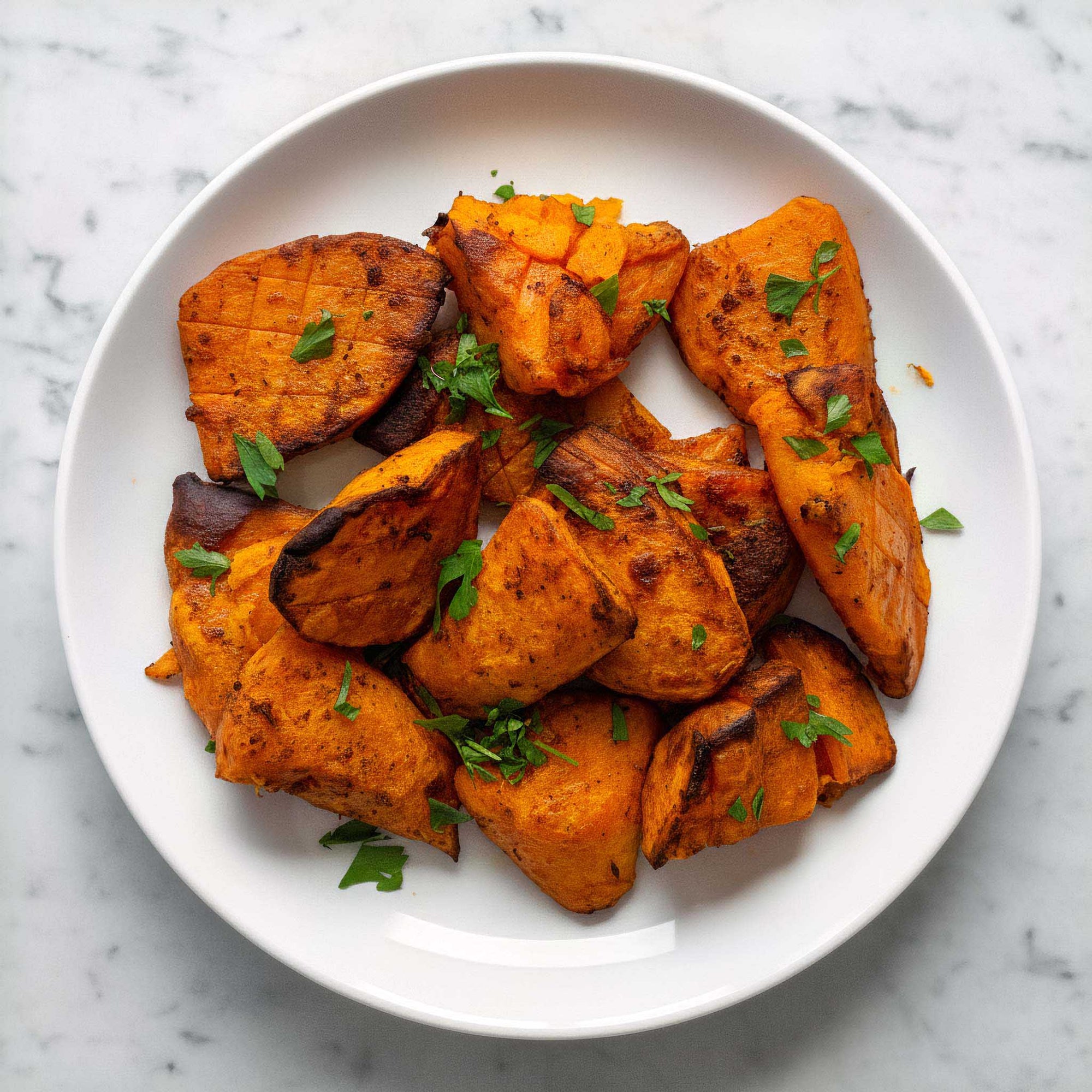 Close-up of roasted sweet potato slices coated in smoky hot shake seasoning, on a white plate on a marble countertop. 