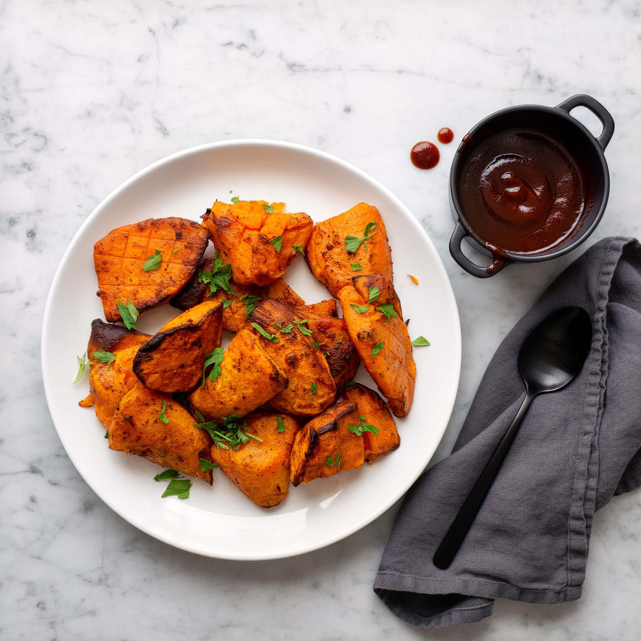 Plate of roasted hot shake sweet potatoes with a small bowl of sauce on a marble surface
