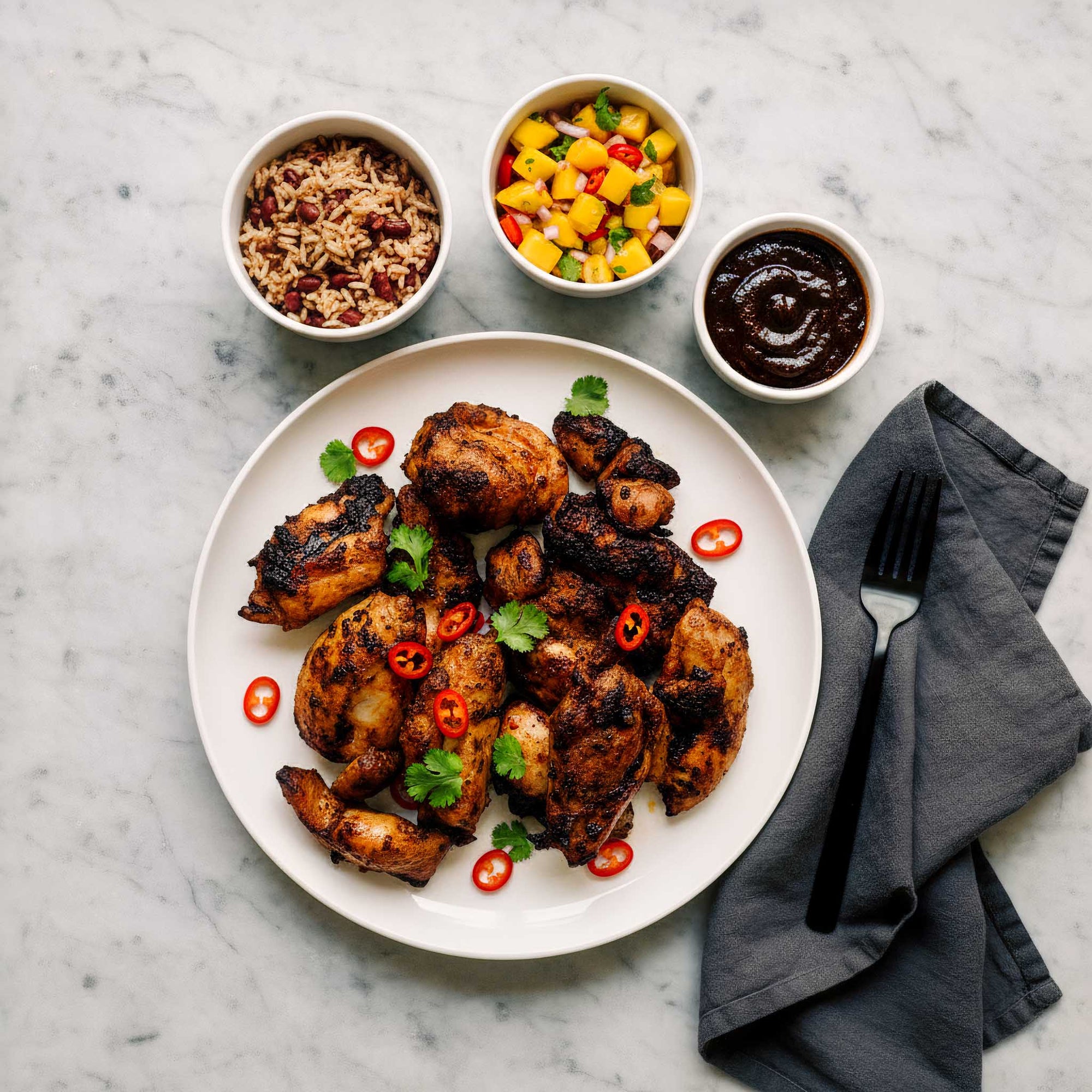 Plated air fried jerk chicken thigh dish seasoned with coriander and red chilli, with sides of pineapple salsa and rice and beans, on a marble surface.