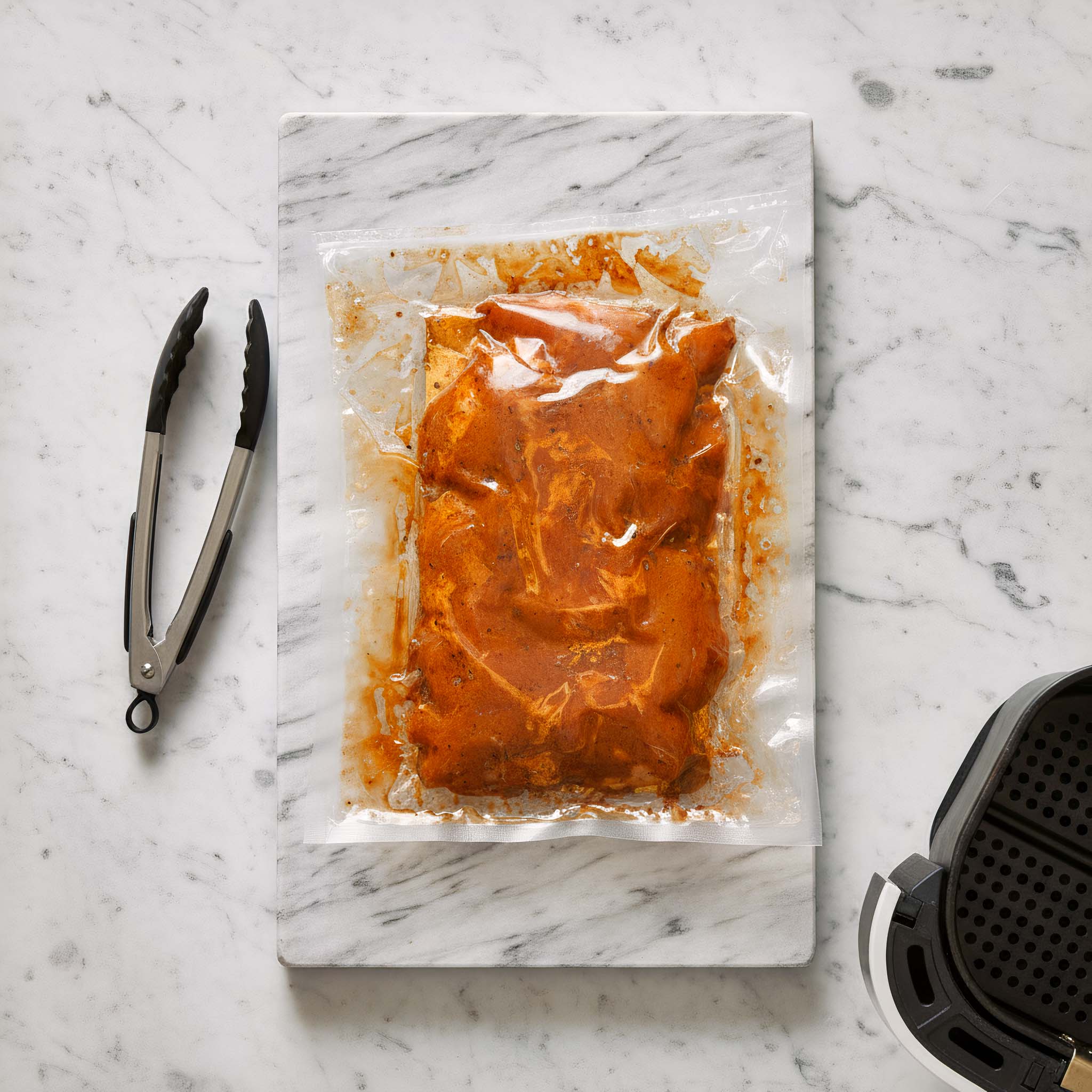 Vacuum-sealed packaged Airheads jerk chicken thighs on a marble surface with tongs and an air fryer.