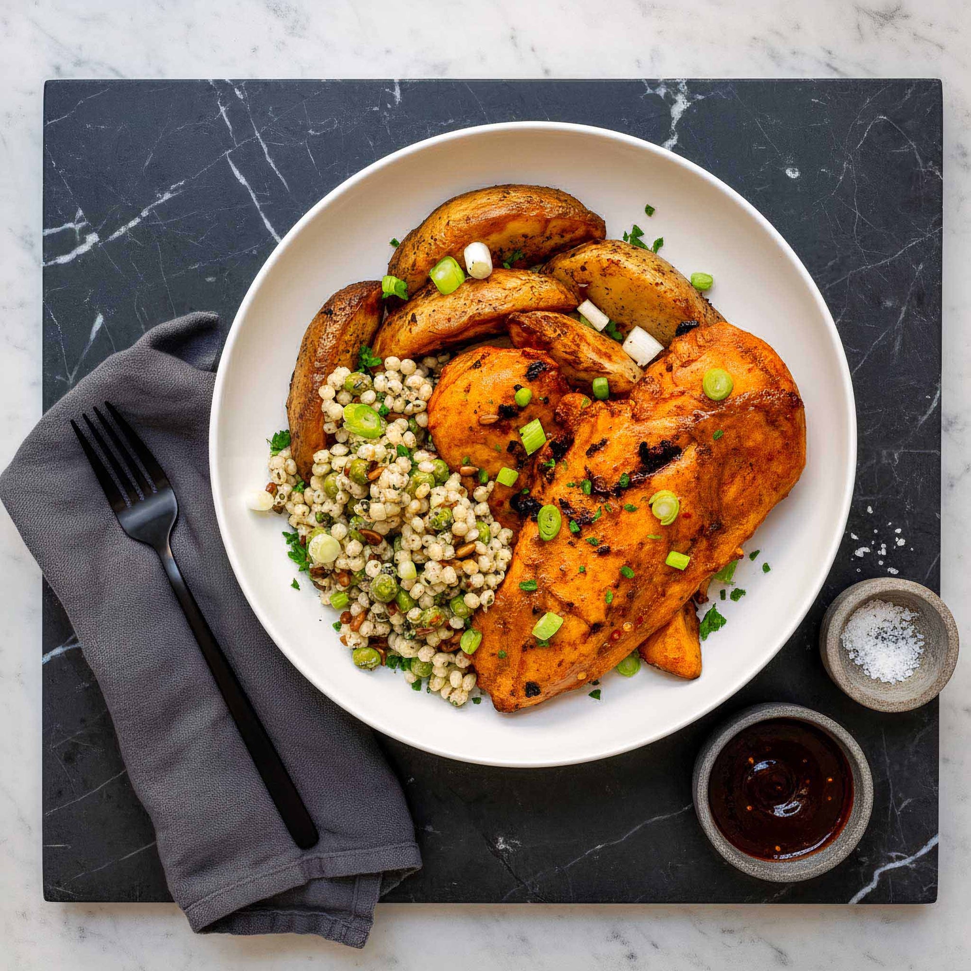 Plated dish with air fried Korean BBQ chicken breasts, sumac roasted potato wedges, and giant minted couscous salad on a marble surface, on a black tray.