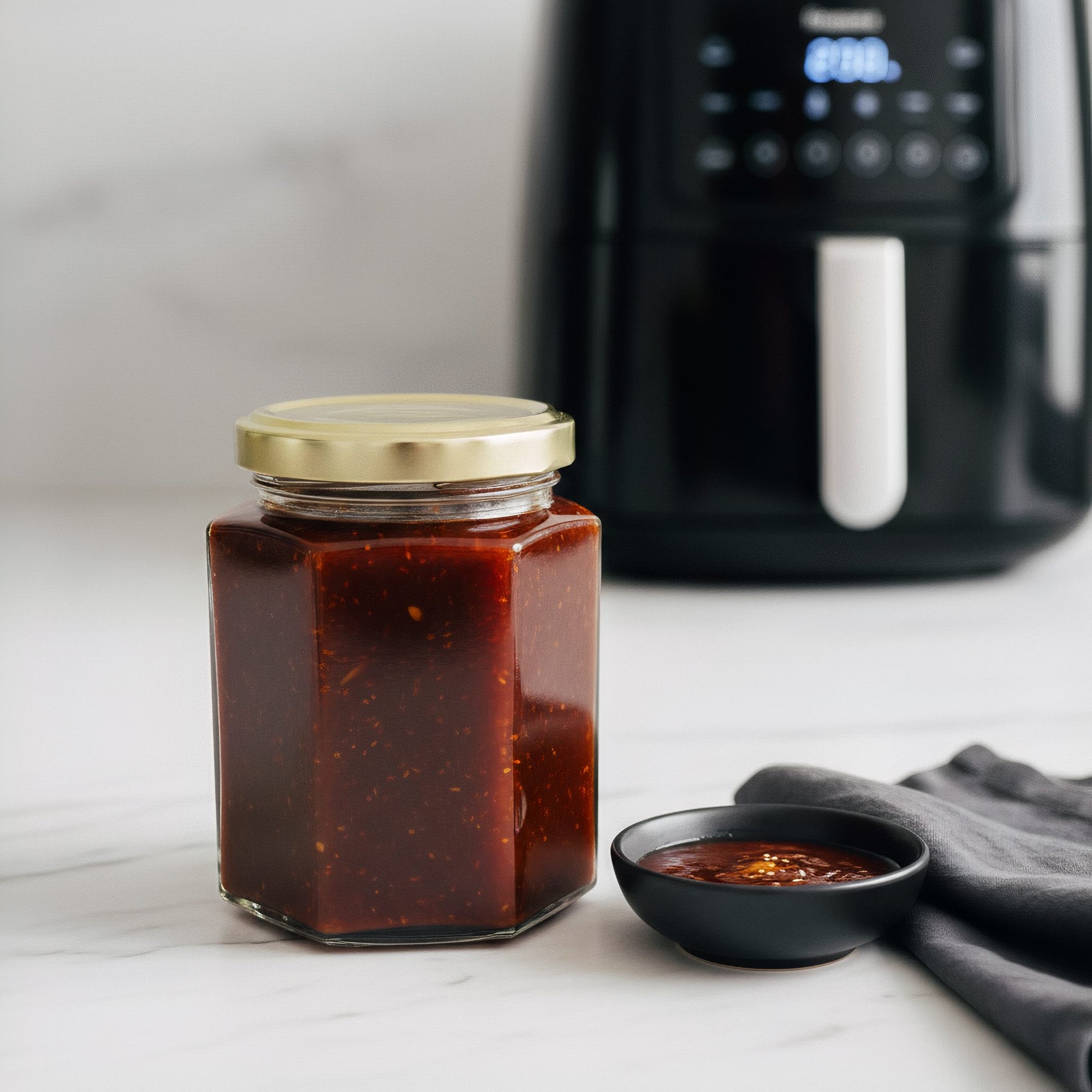 Jar of korean barbecue sauce with a gold lid on a marble surface next to an air fryer.