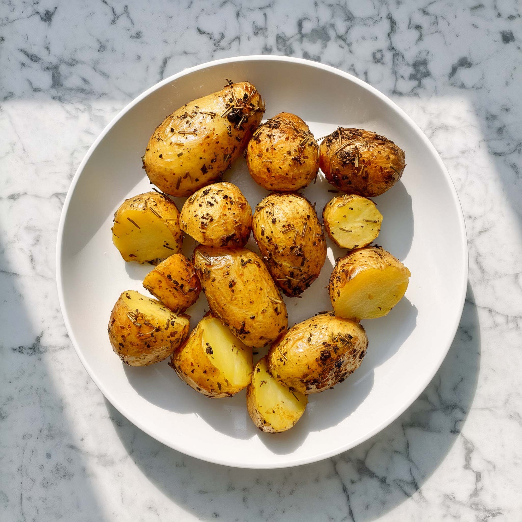 Close-up of plated crispy golden roast potatoes with lemon zest and rosemary on a marble surface.