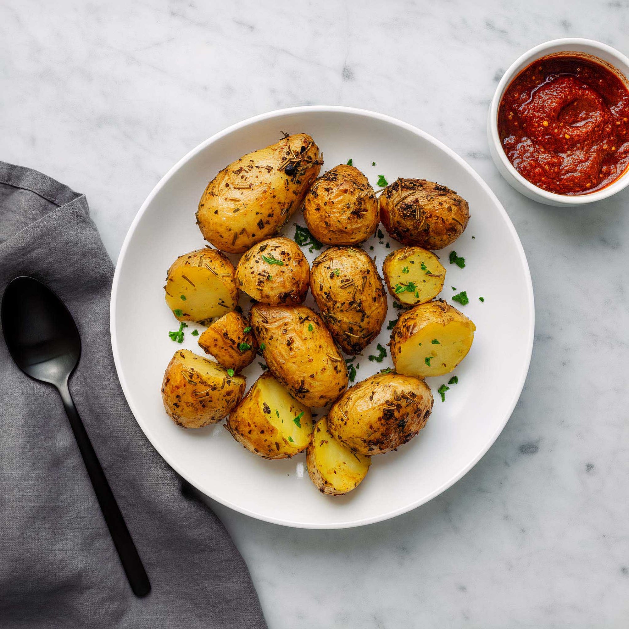 White plate with Airheads lemon and rosemary roast potatoes in a white bowl on marble surface, alongside a pot of homemade harissa sauce.