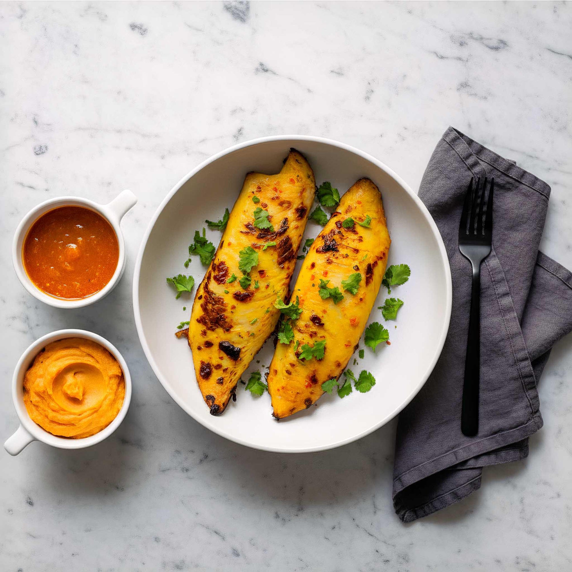Two pieces of air fried mango tilapia fillets on a white plate with two small bowls of dipping sauces and a fork on a marble surface.