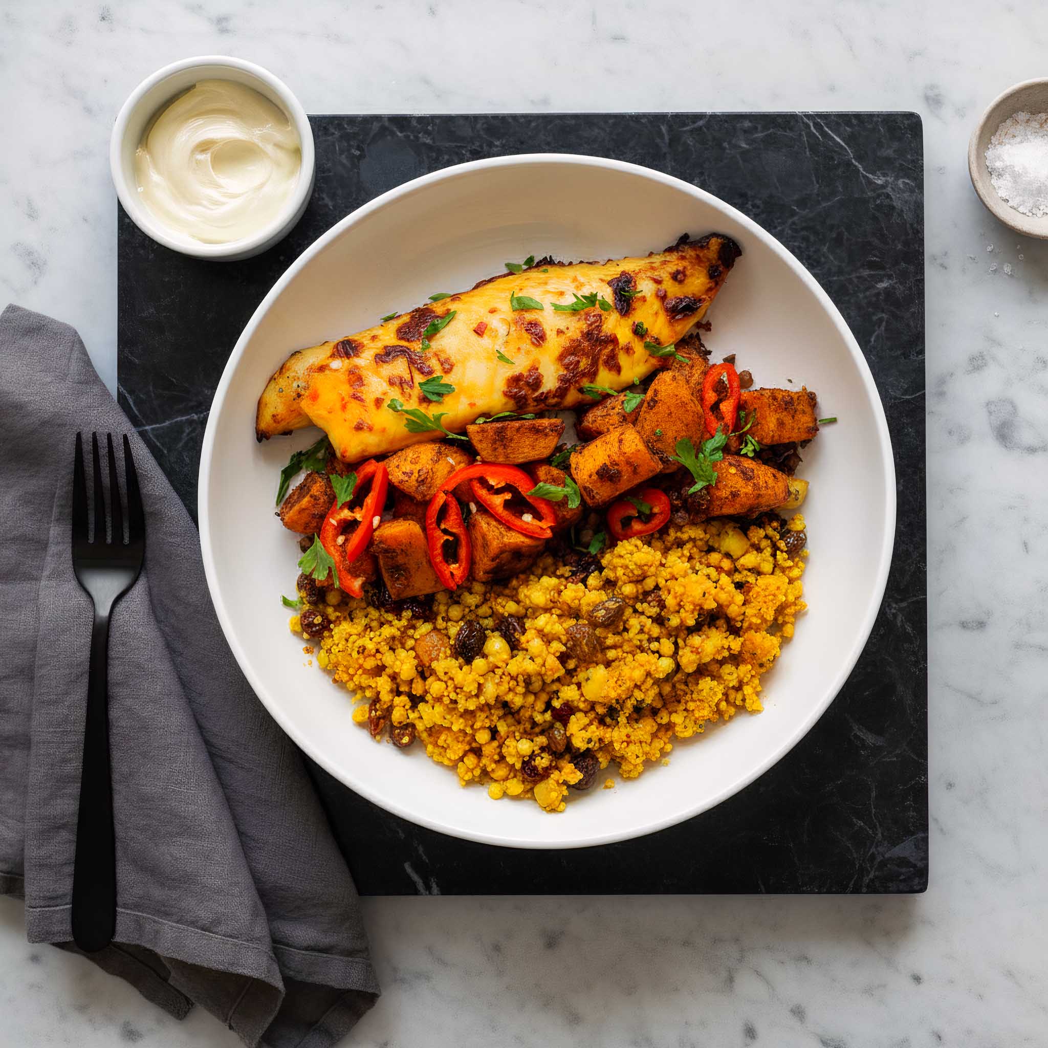 Plated dish with mango tilapia fillets, spiced squash and chickpeas, and yellow couscous on a marble surface, alongside a grey folded napkin and black fork.
