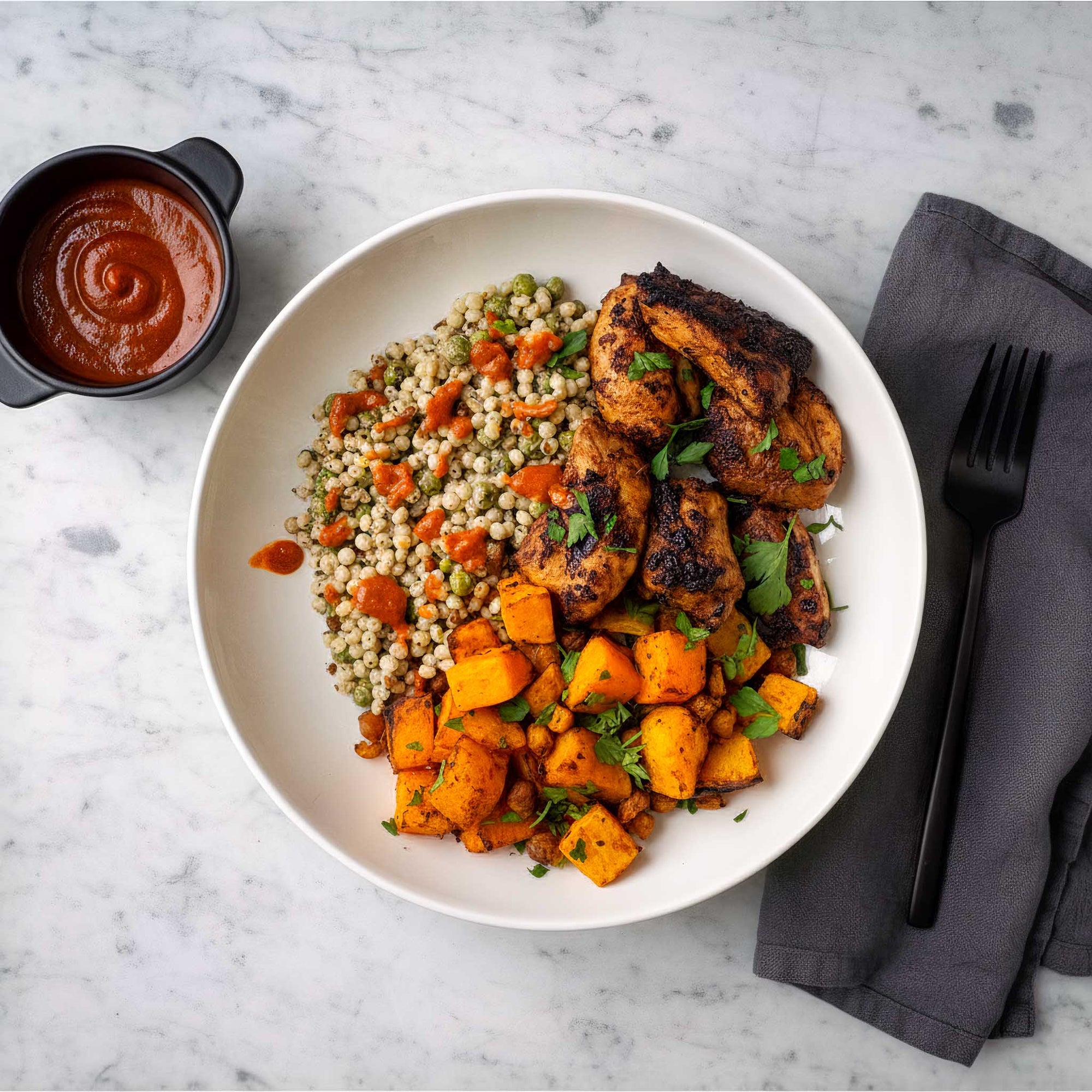 White bowl of air fried jerk chicken thighs with roasted sweet potatoes and chickpeas, and a giant couscous salad on a marble surface with a side of sauce.