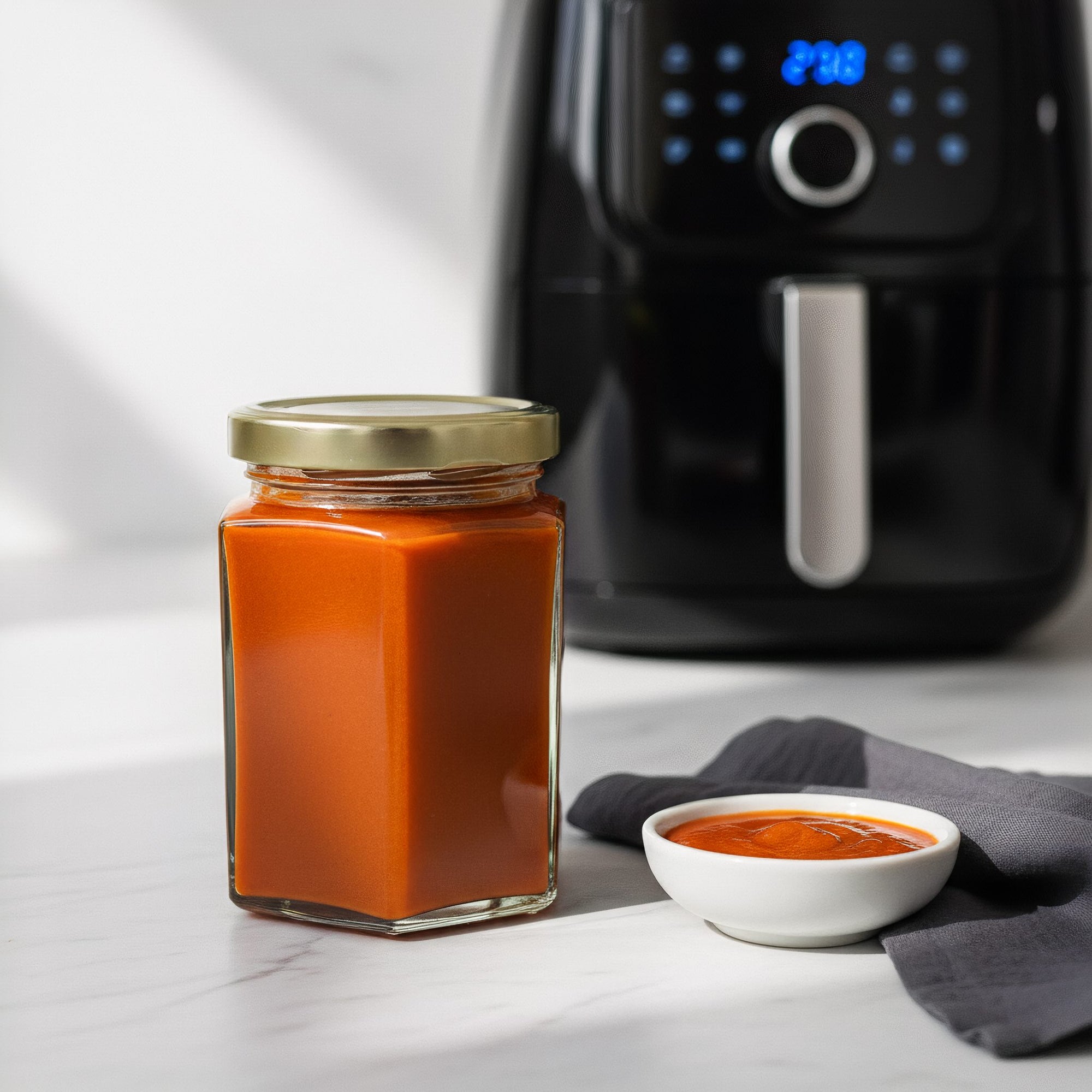 Jar of red peri peri sauce with a small bowl and air fryer in the background on a marble countertop.