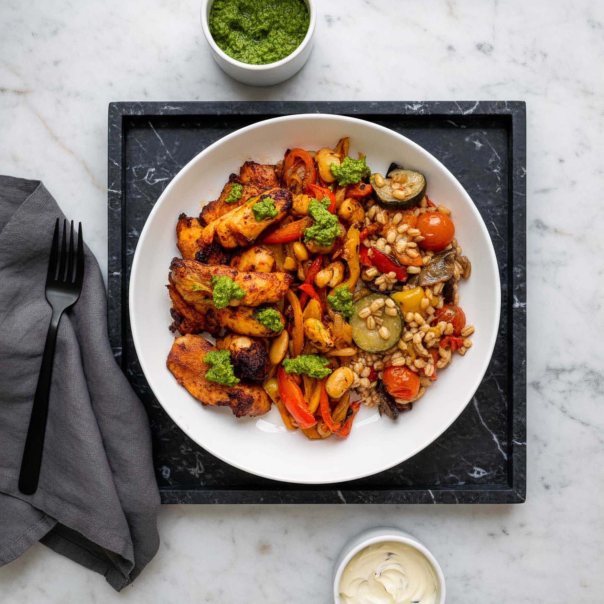 Plated dish of peri peri chicken thighs with Tex-Mex fajita peppers and onions, and balsamic Mediterranean vegetable barley salad in a ceramic bowl on a marble surface.
