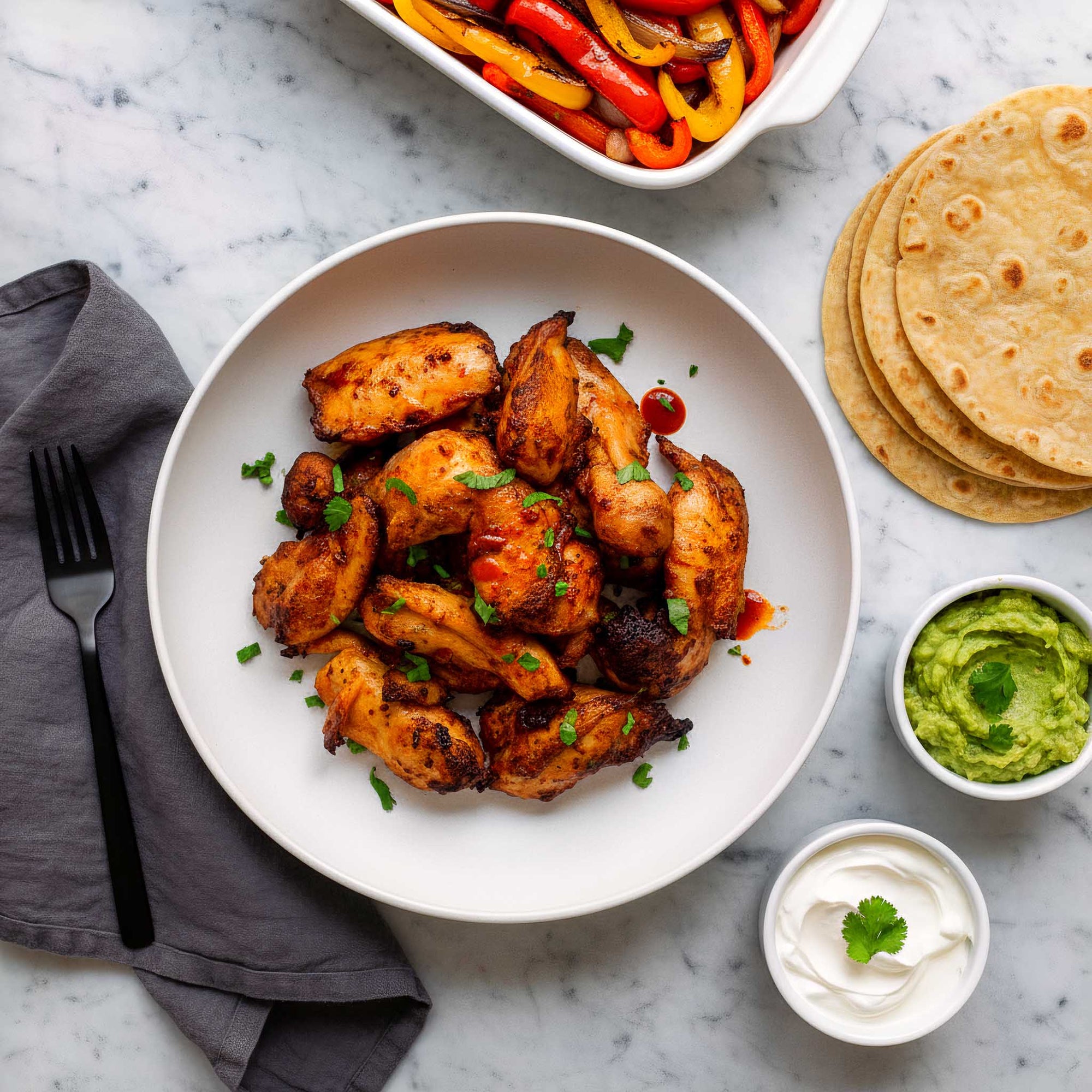 Plated Airheads peri peri chicken thighs with sides of guacamole, sour cream, and tortillas on a marble surface.