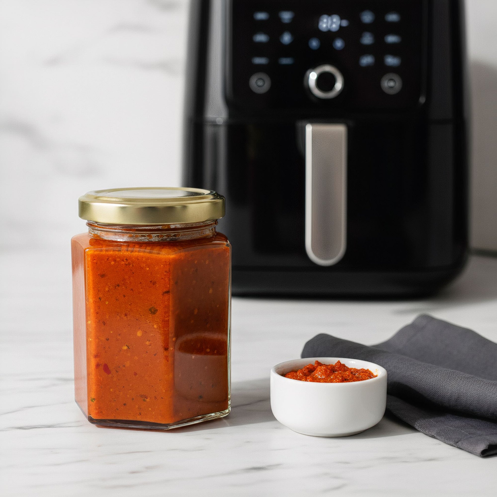 Jar of red harissa sauce with a small bowl and air fryer in the background on a marble countertop.