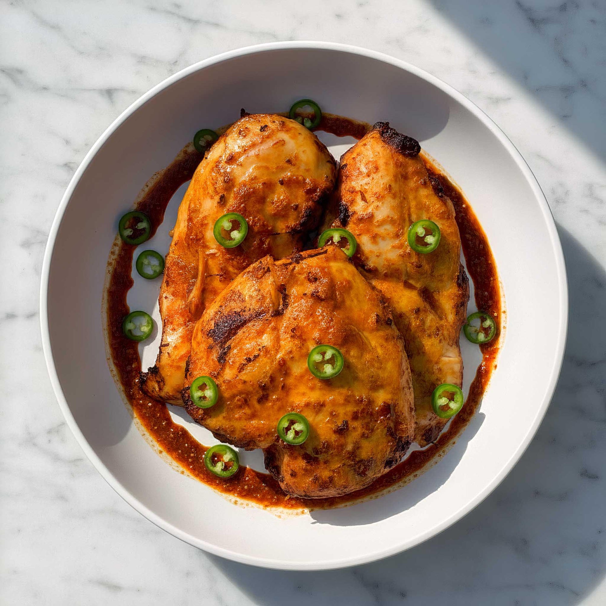 Air fried harissa marinated chicken breasts with sliced green chilli on a white plate over a marble background.