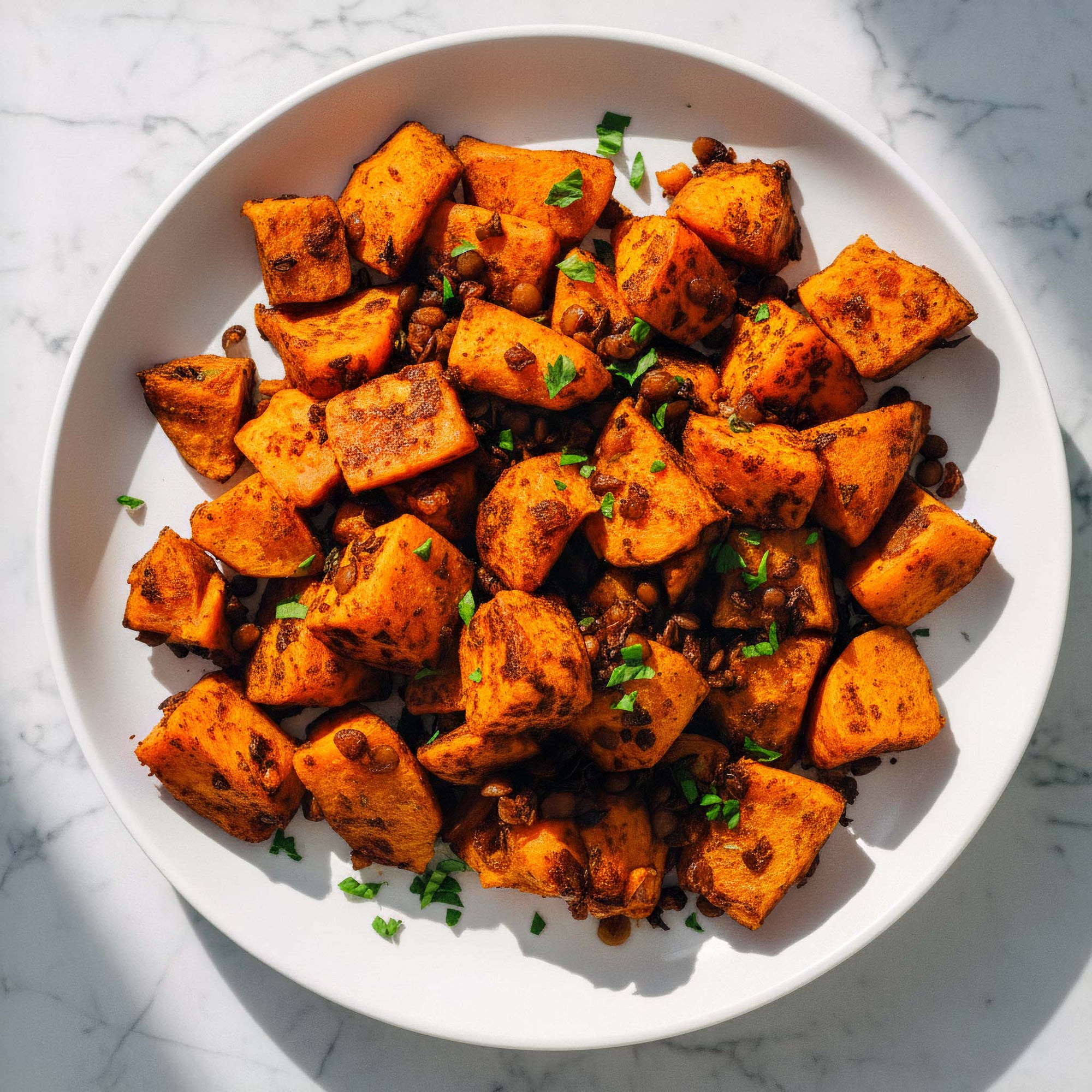 Close-up of air fried lentils and sweet potatoes garnished with chopped parsley, on a white plate on a marble counter top.