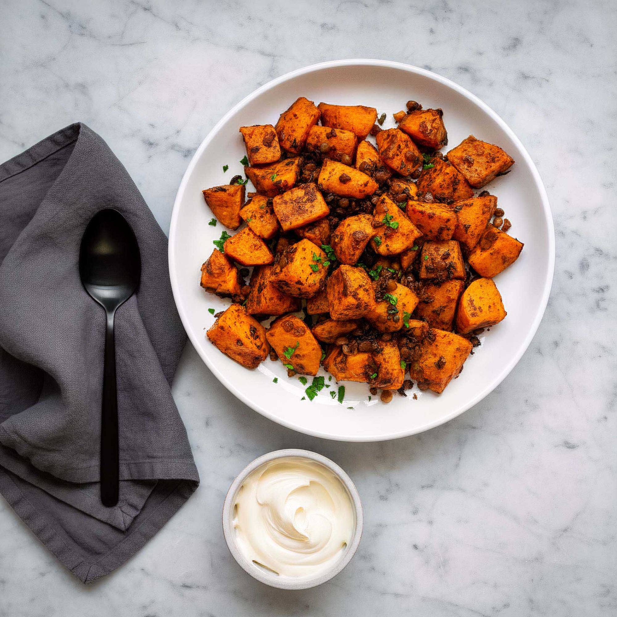 White bowl filled with air fried smokey sweet potato and lentil mix, with a pot of garlic mayonnaise on a marble surface with a napkin and spoon.