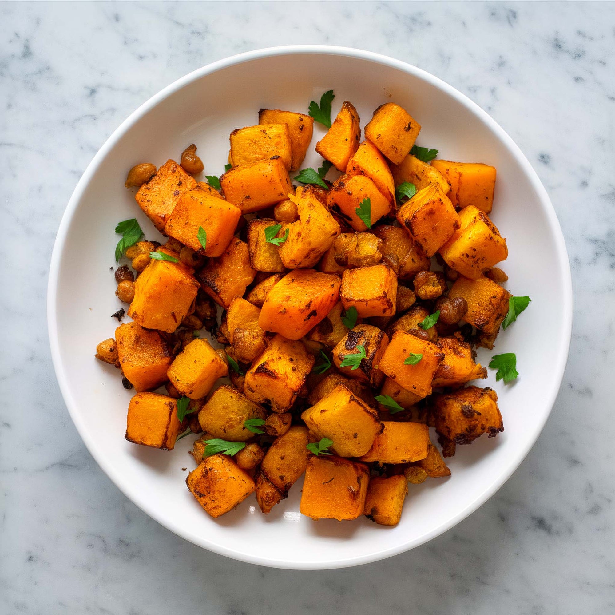 Close-up of roasted squash and chickpeas tossed in North African spices in a white bowl on a marble surface.