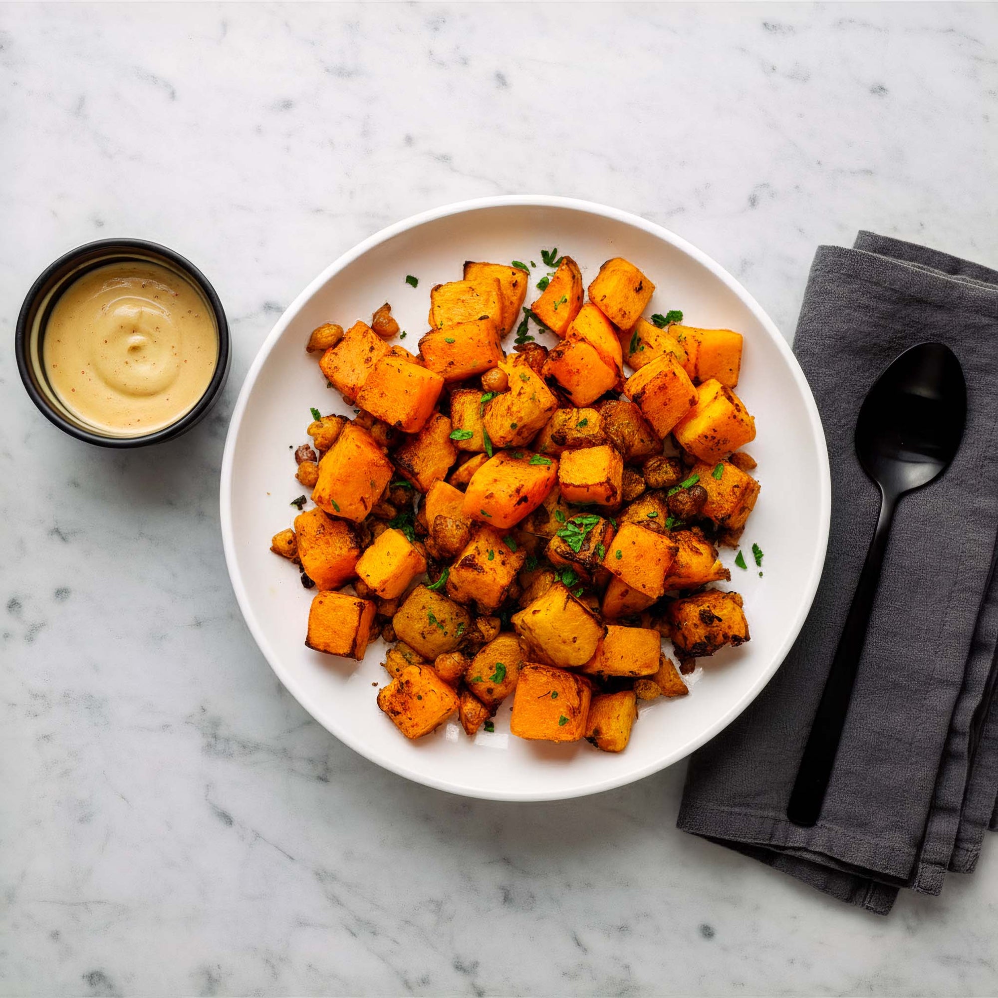 White plate with Airheads spiced squash and chickpeas seasoned with chopped parsley, a small bowl of sauce, a black spoon, and gray napkin on a marble surface.