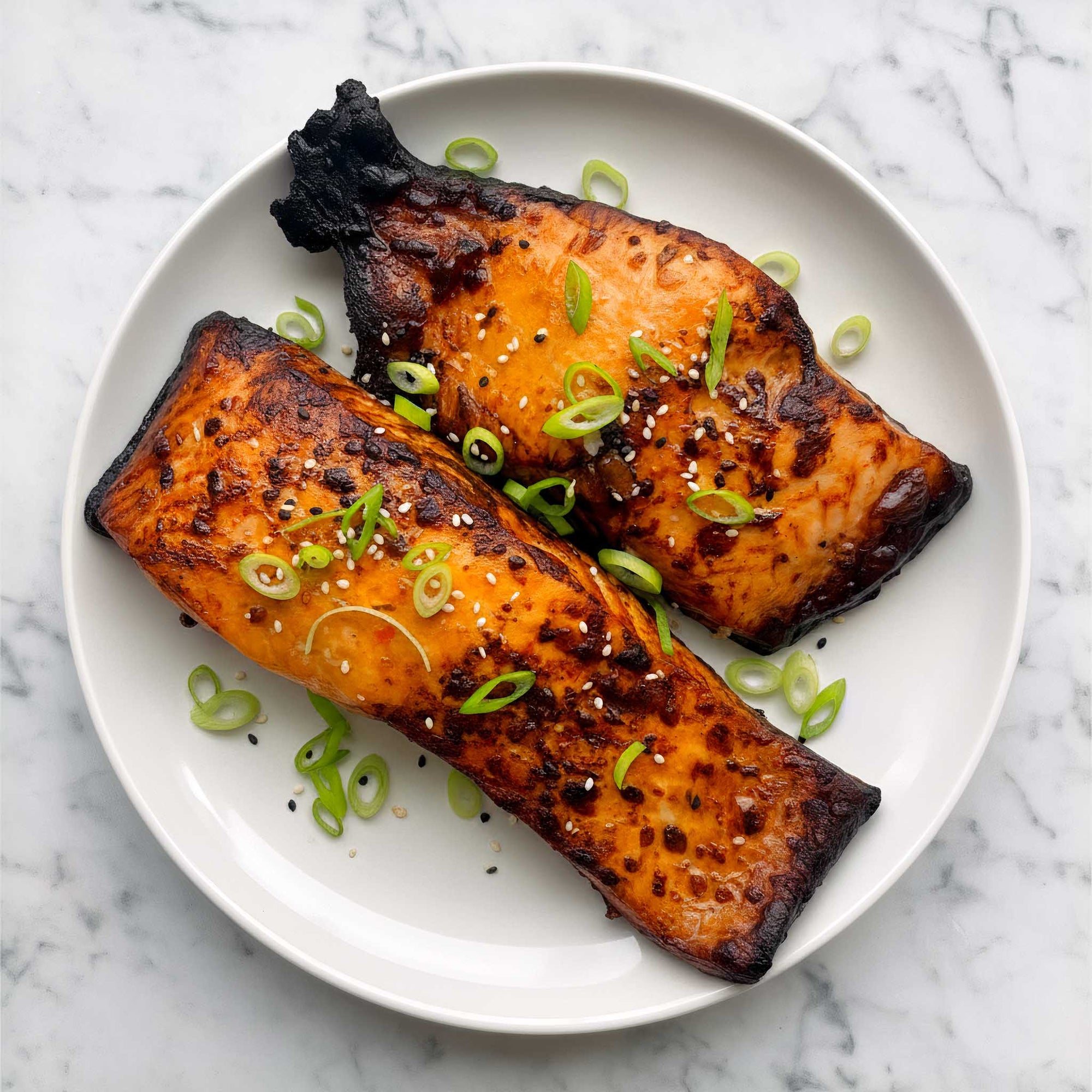 Two pieces of grilled sticky teriyaki salmon fillets on a white plate with green onions and sesame seeds on a marble background.