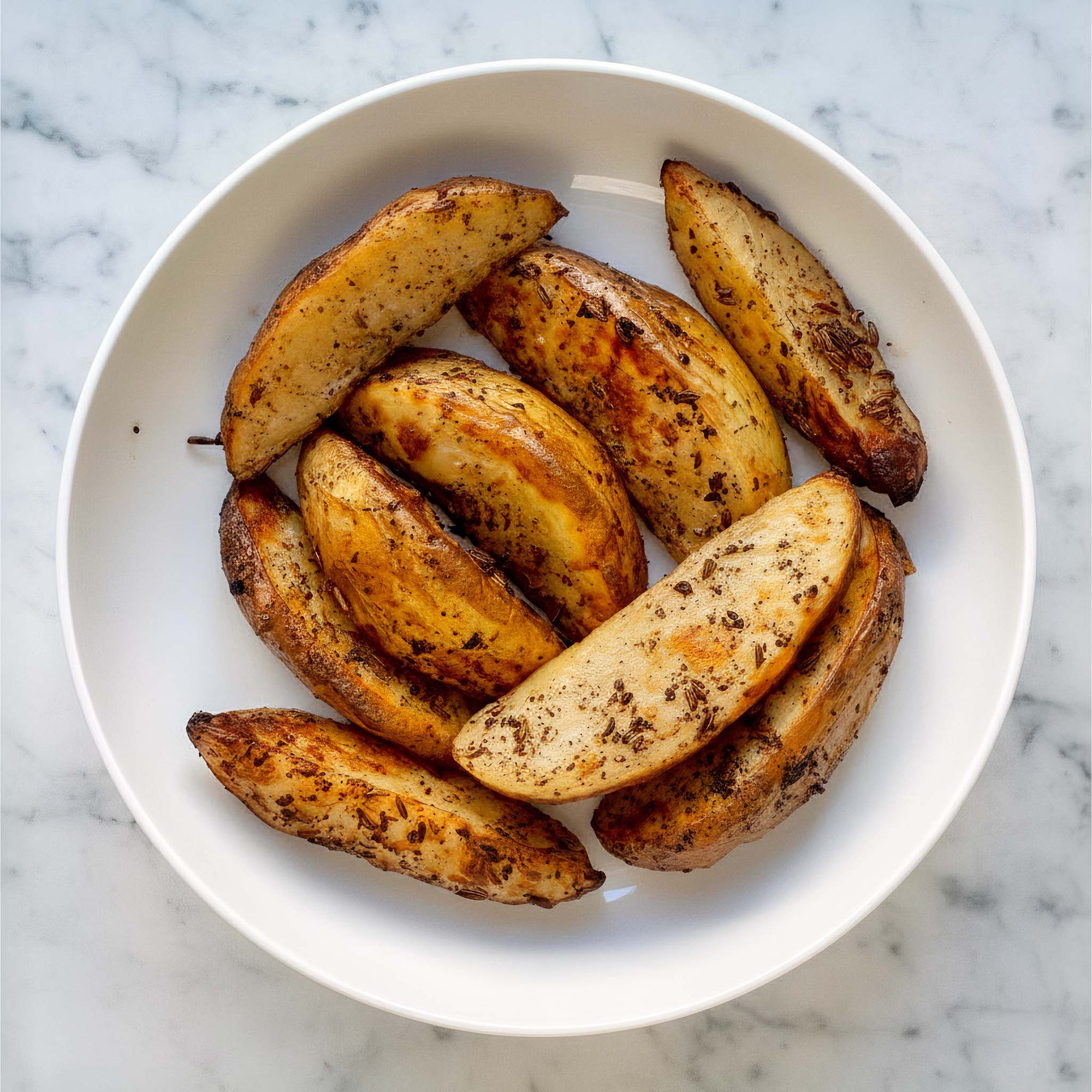 Close-up of golden potato wedges coated with sumac and herbs in a white bowl on a marble surface.