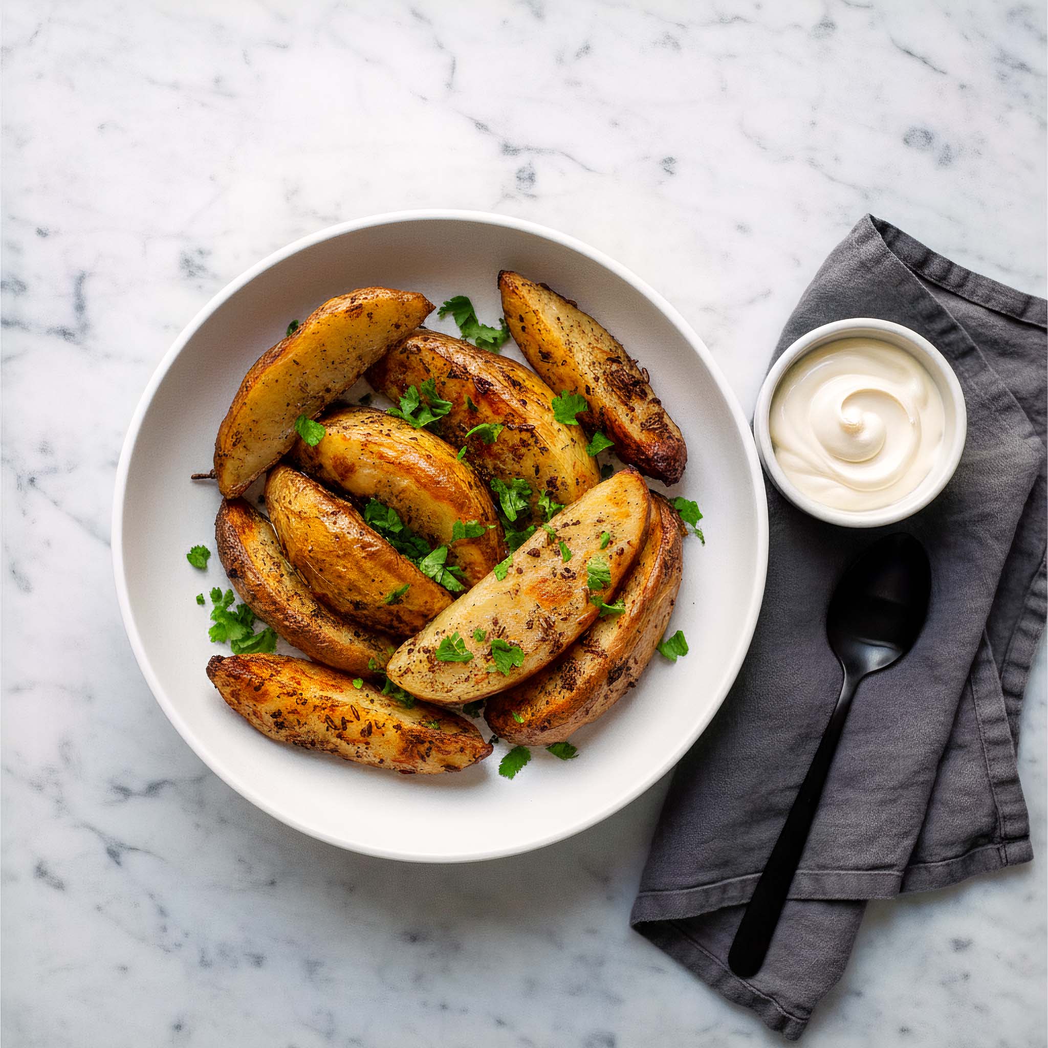 Air fried sumac seasoned potato wedges with herbs on a white plate with a side of sour cream and a napkin.