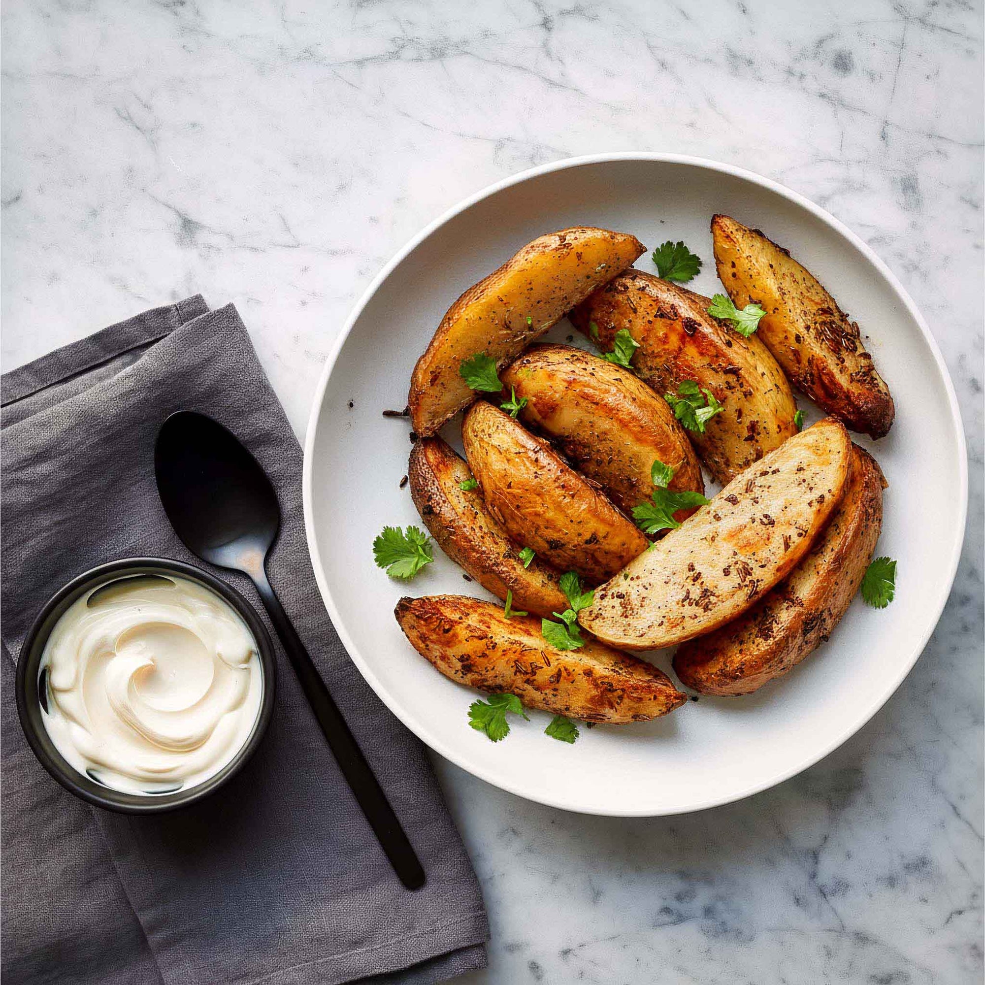 Airheads sumac-seasoned roast potato wedges on a white plate with a side of garlic mayonnaise on a marble surface.
