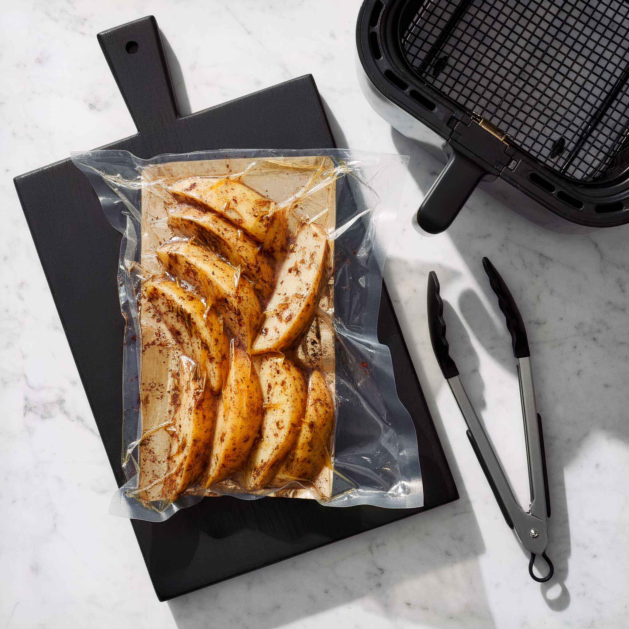 Vacuum-sealed bag of sumac potato wedges next to a black air fryer basket and tongs on a marble surface.