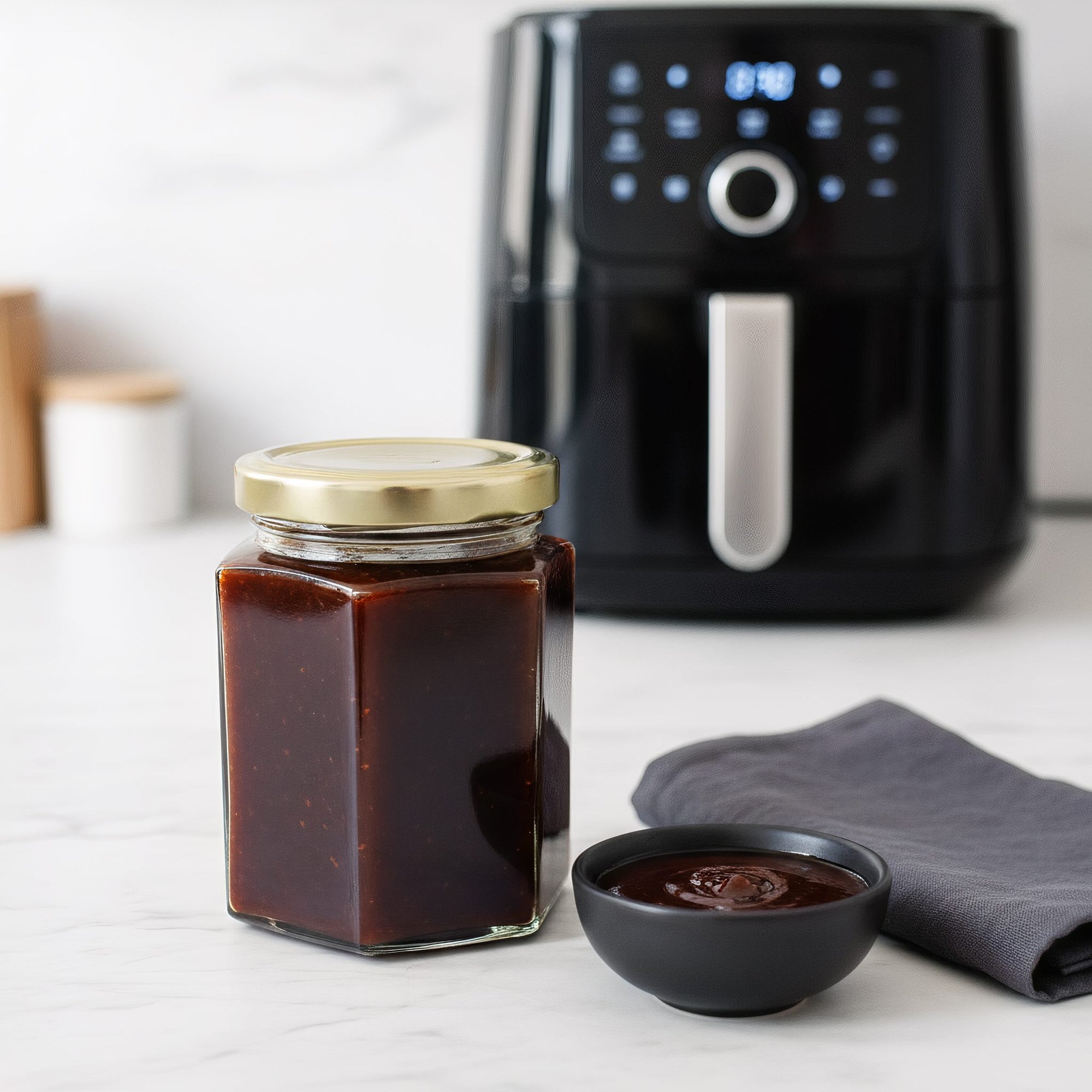 Jar of teriyaki sauce with a small bowl and air fryer in the background on a marble countertop.